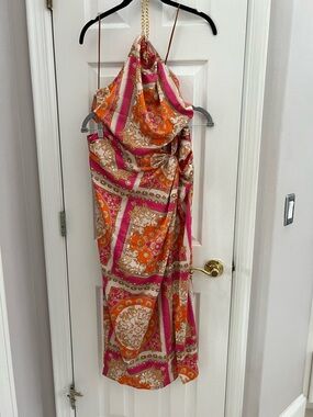 🩷🧡 Vibrant Pink and Orange Satin Halter shirt and skirt set